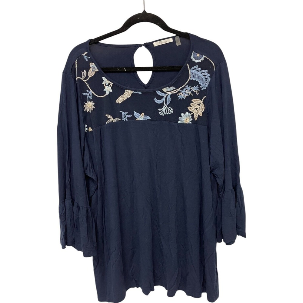 Fairycore Embroidered Tunic‎ Top Bell Sleeve Keyhole Back Navy 2X Boho Festival